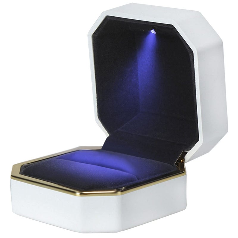 AVESON Luxury Ring Box, Square Velvet Wedding Ring Case Jewelry Gift Box with LED Light for Proposal Engagement Wedding, White - Image 1